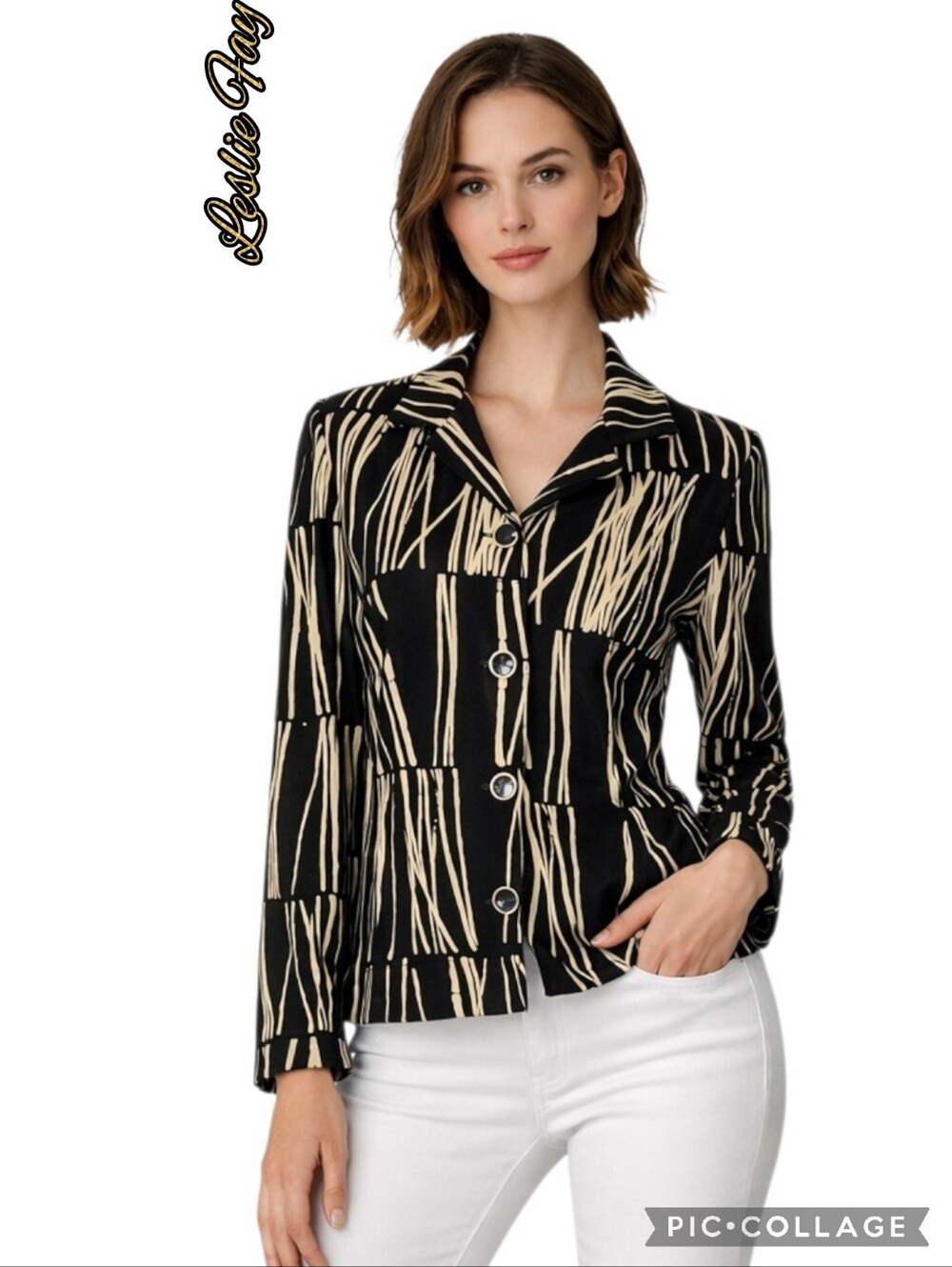 Leslie Fay jacket velvet feel fabric bamboo print buttons collar long sleeves